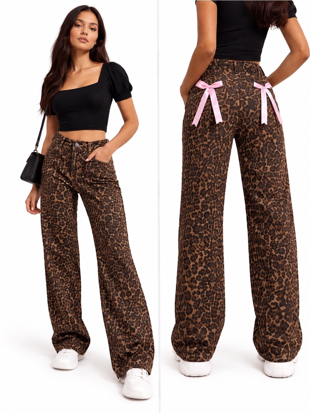 Leopard Wide Leg Jeans Pink Bow Detail NWT Bratz Y2K Sizes 7 11